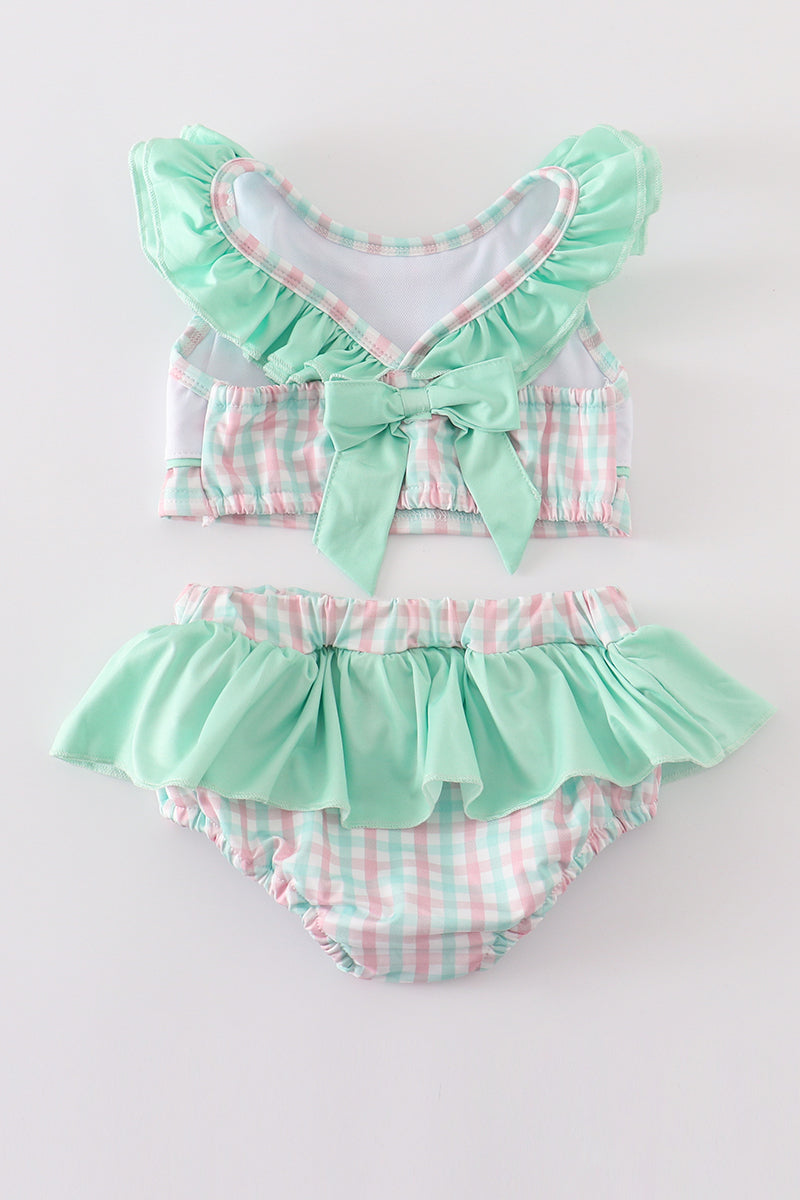 Green character applique plaid 2pc girl swimsuit