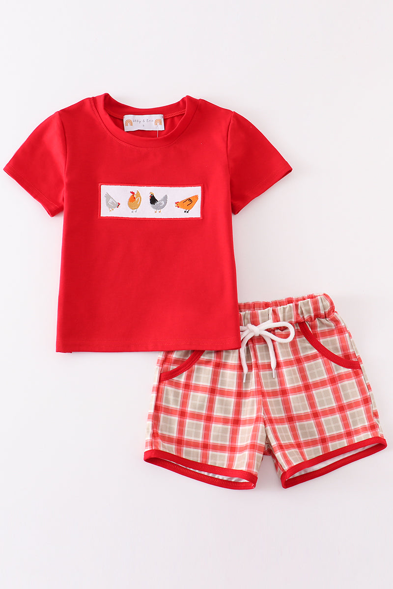 Red chicken embroidery boy set