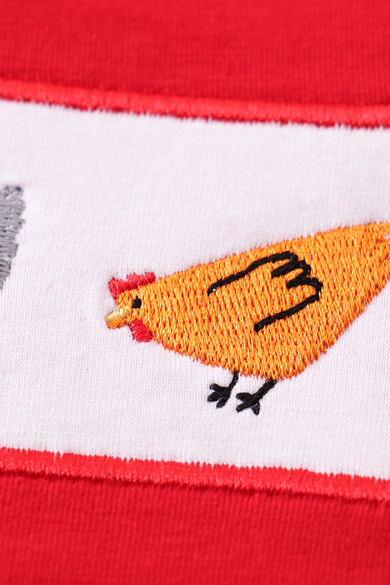 Red chicken embroidery boy set