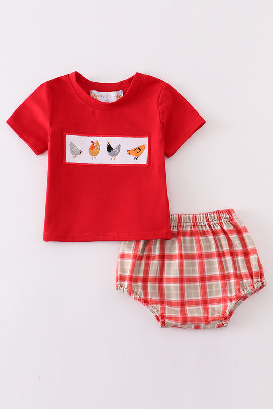 Red chicken embroidery plaid baby set