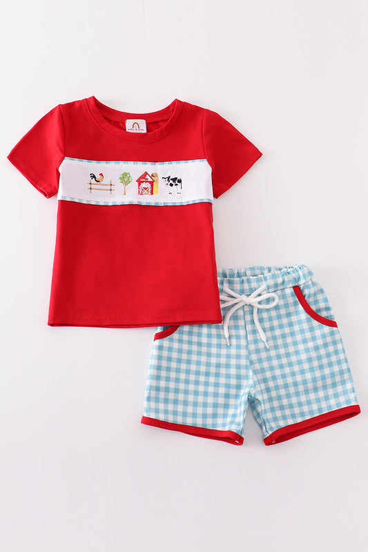 Red farm embroidery plaid boy set