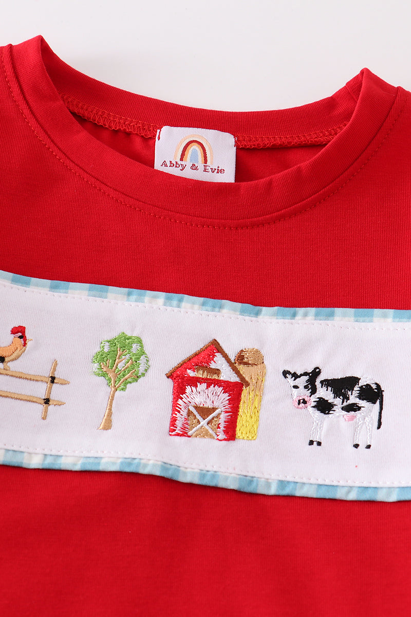 Red farm embroidery plaid boy set