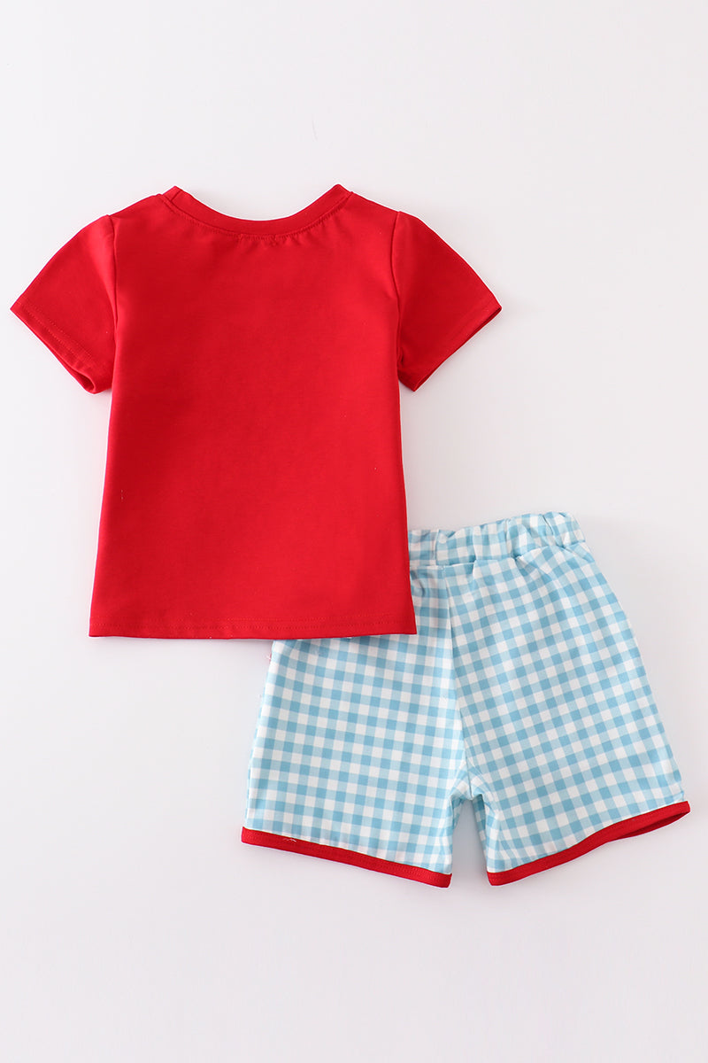 Red farm embroidery plaid boy set