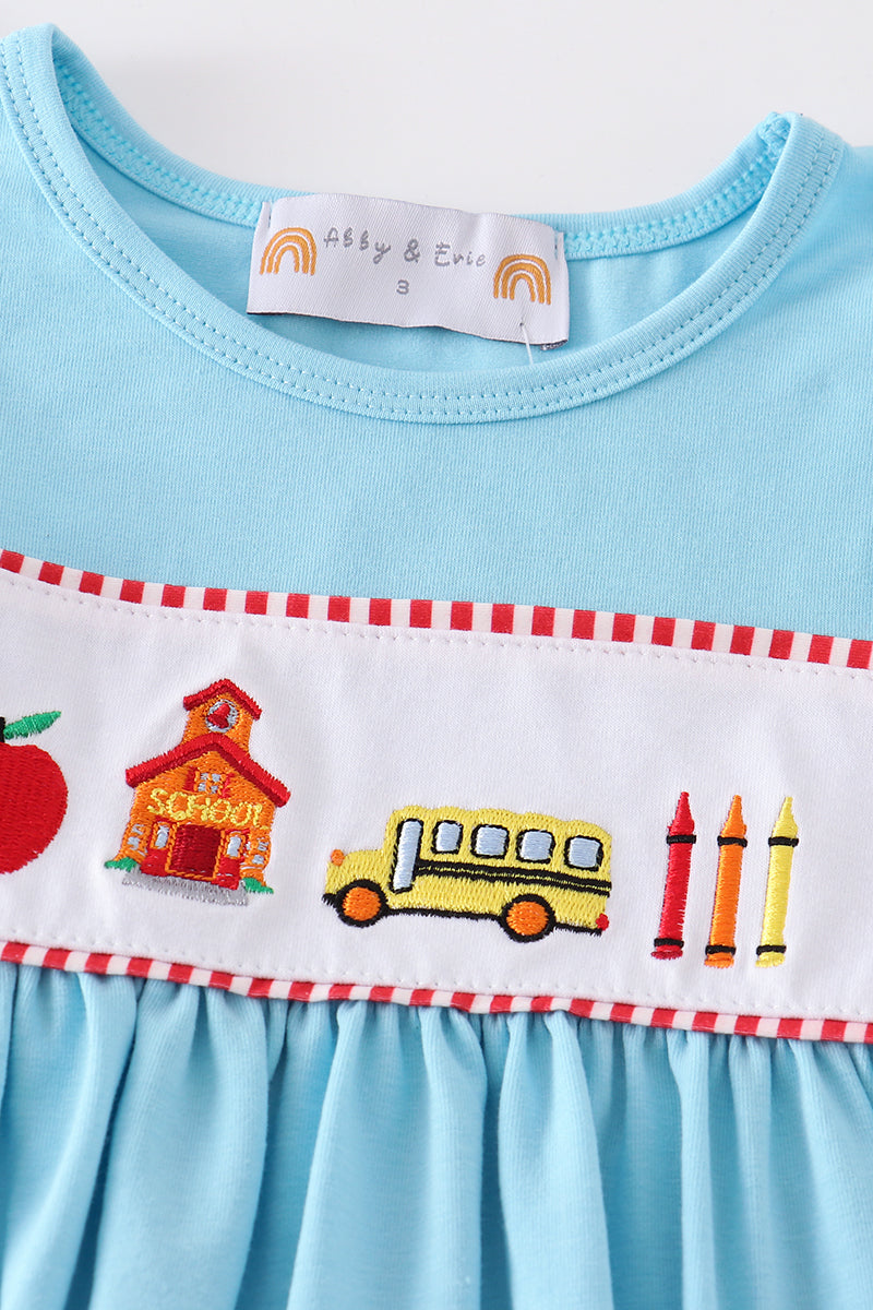 Blue back to school embroidery dress