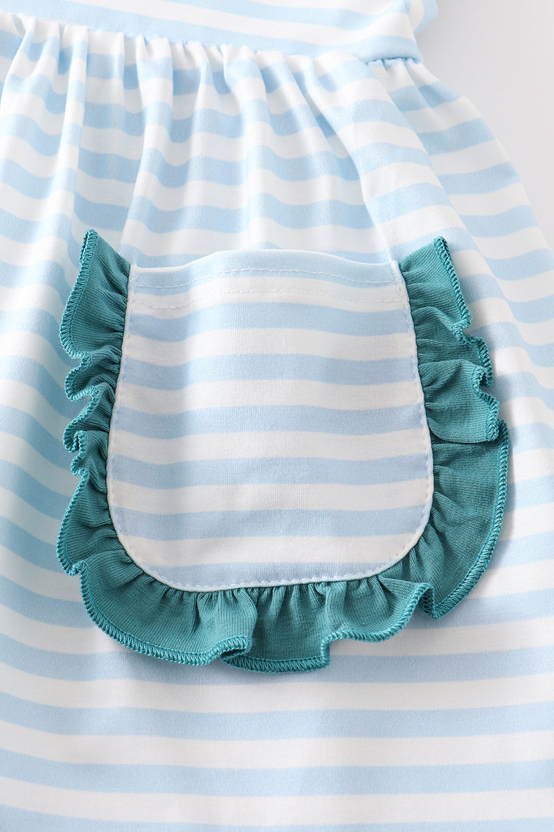 Blue stripe cow embroidery girl set