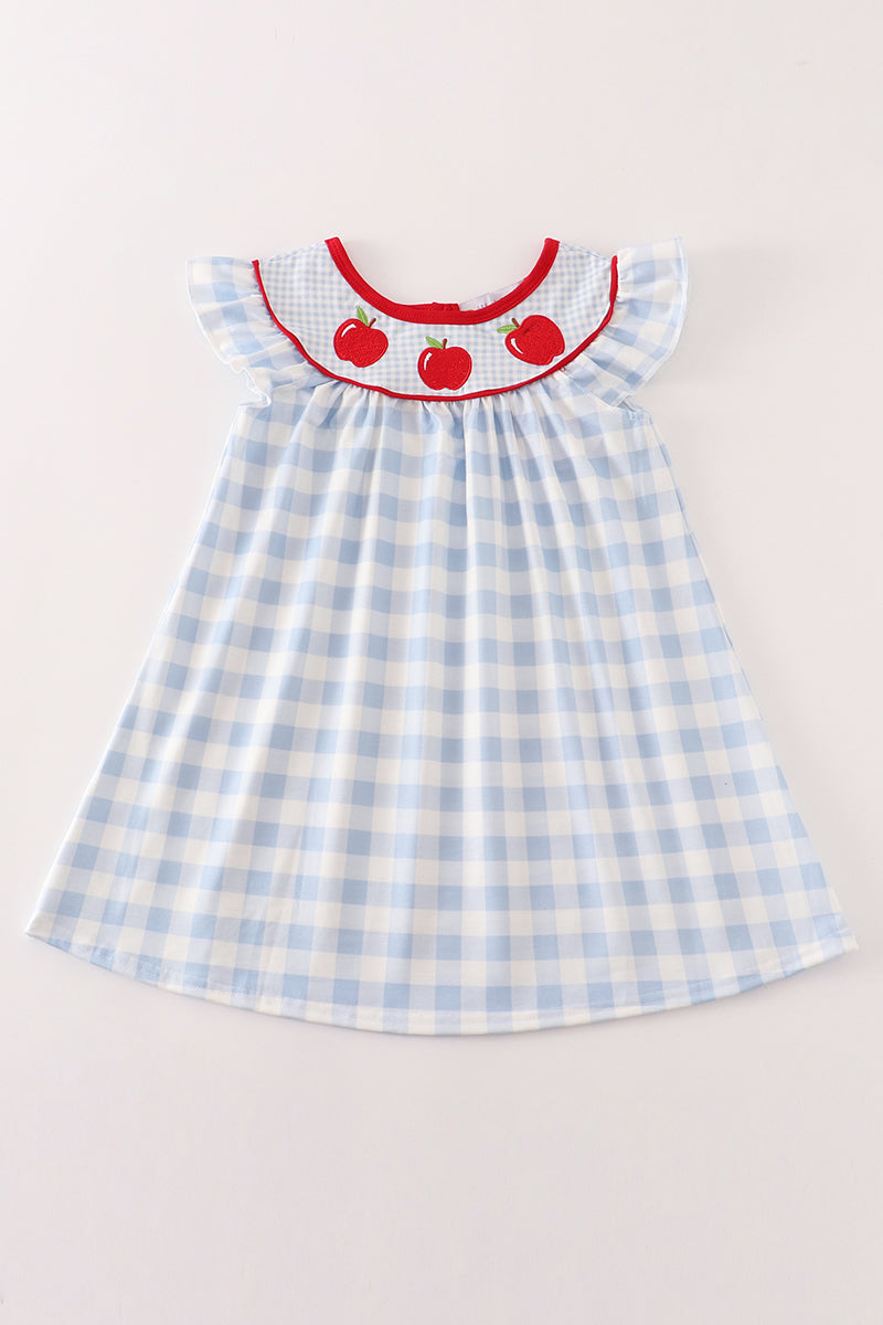 Blue apple embroidery plaid dress