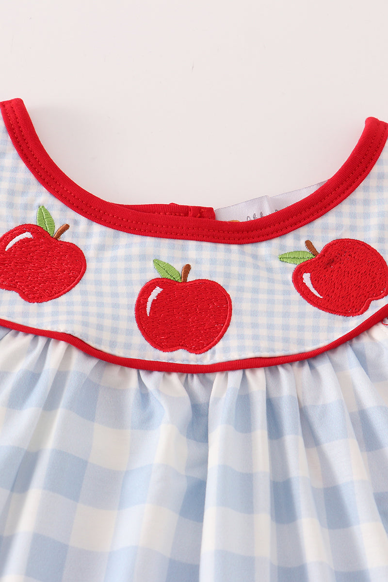 Blue apple embroidery plaid dress