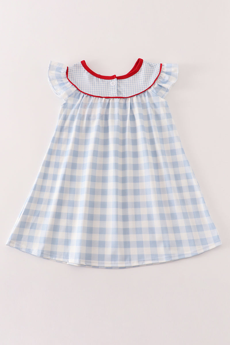 Blue apple embroidery plaid dress