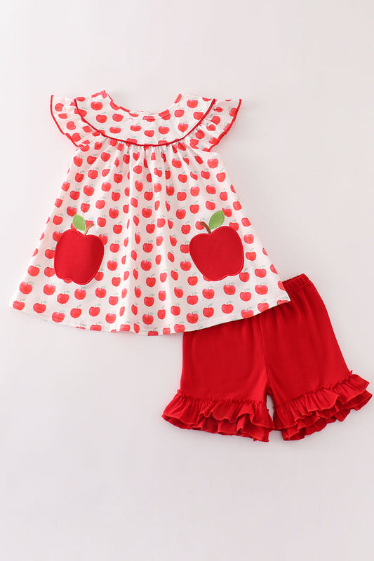 Red apple applique girl set