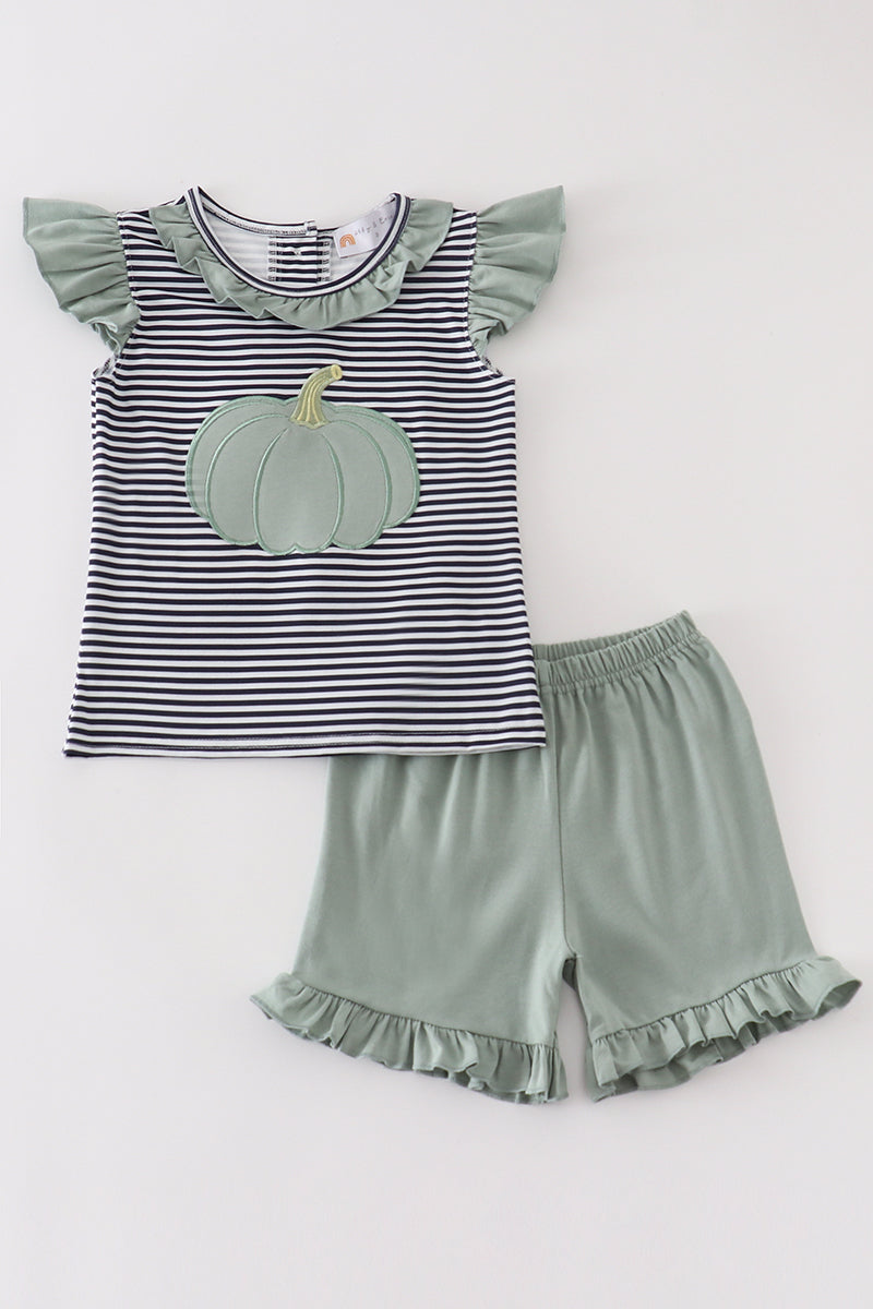 Sage pumpkin applique stripe girl shorts set