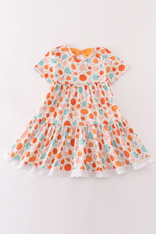 Orange pumpkin print girl dress