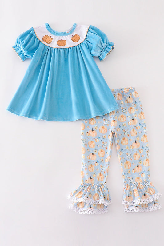 Blue velvet pumpkin embroidery girl set