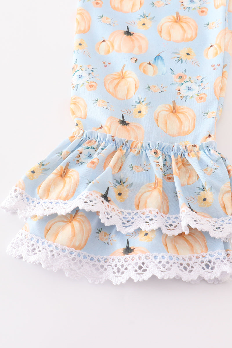 Blue velvet pumpkin embroidery girl set