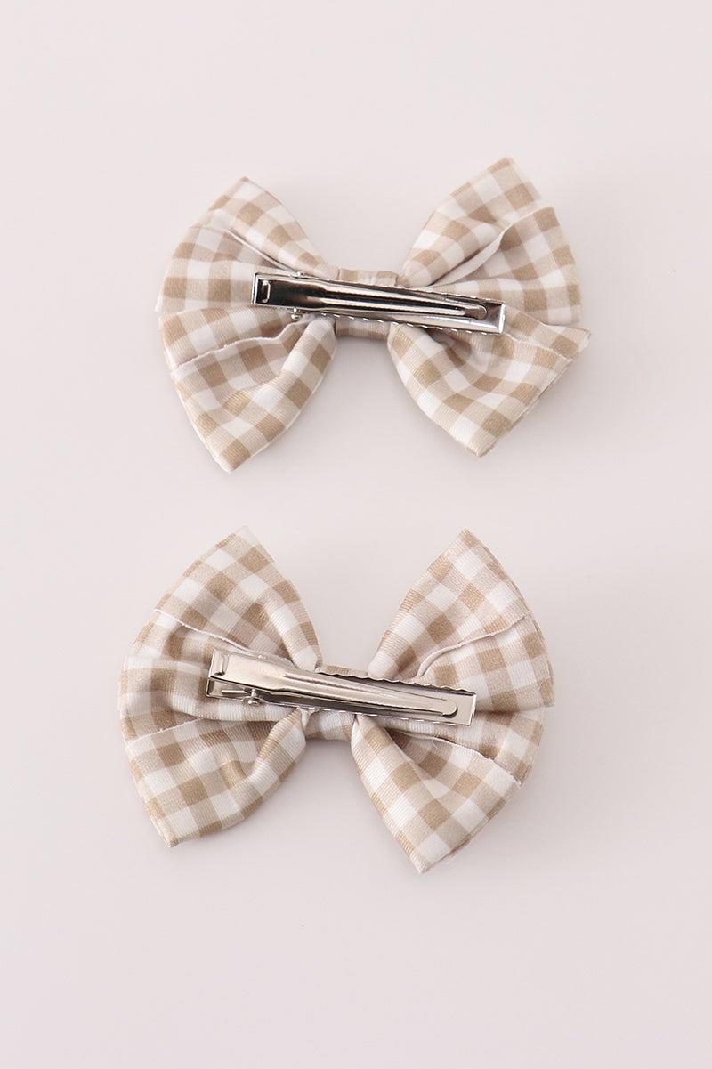 Khaki gingham piggie hair bow