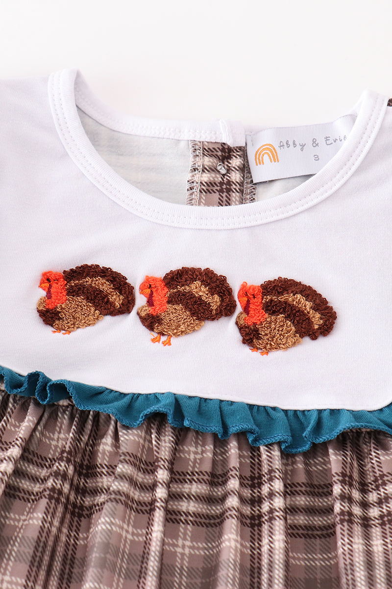 Brown plaid turkey french knot girl set