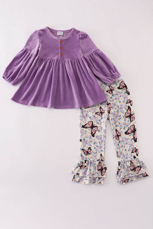 Purple butterfly print velvet ruffle pants set