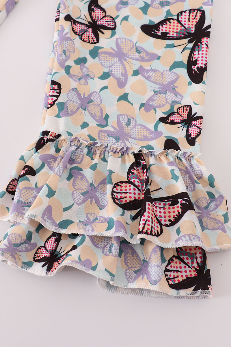 Purple butterfly print velvet ruffle pants set
