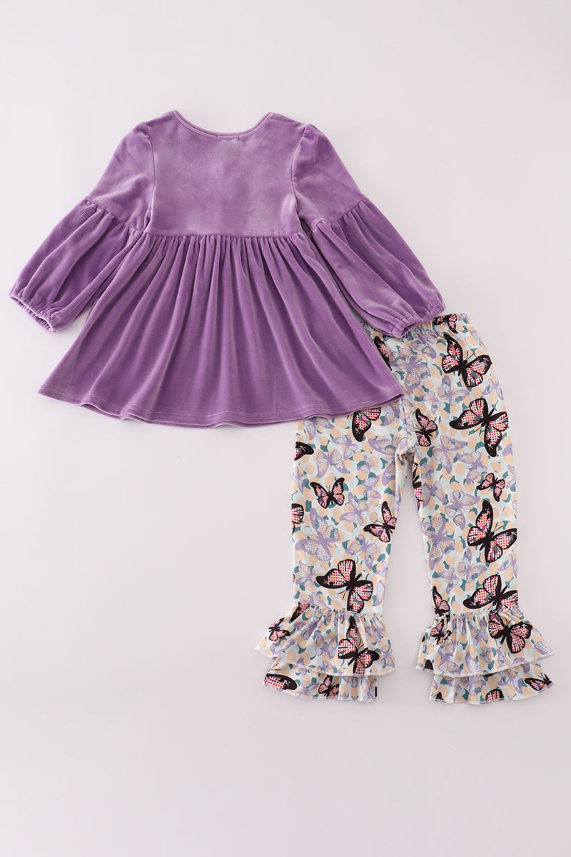 Purple butterfly print velvet ruffle pants set