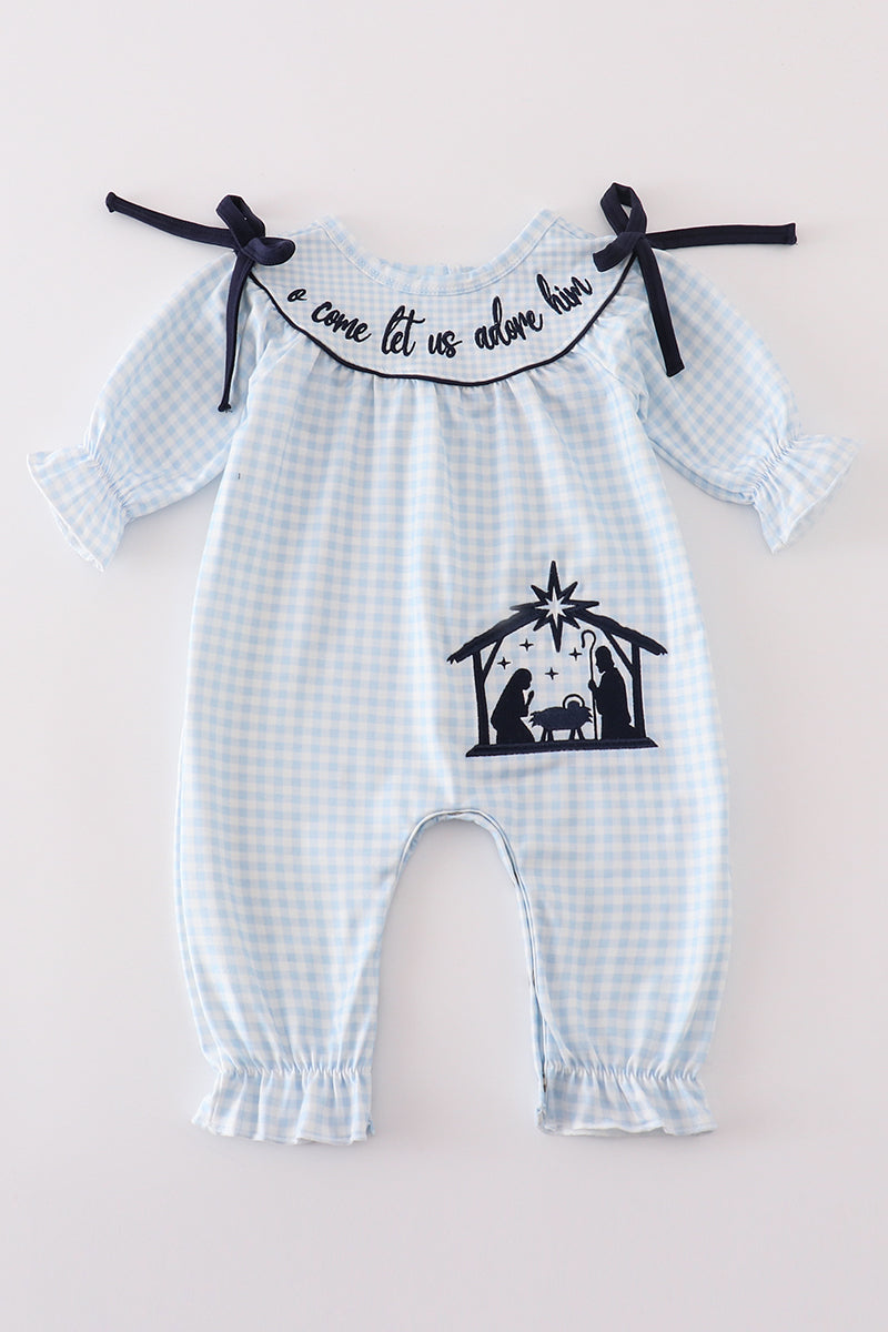 Navy nativity embroidery gingham girl romper