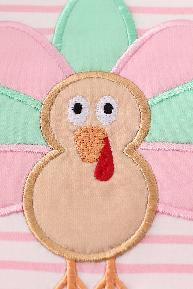 Pink stripe turkey applique 2pc girl bubble set