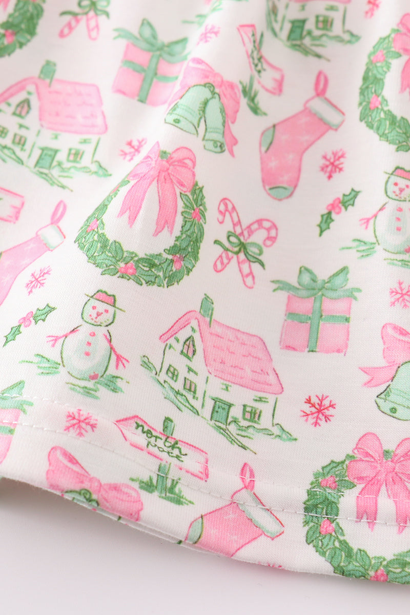 Pink watercolor christmas print baby bloomer set