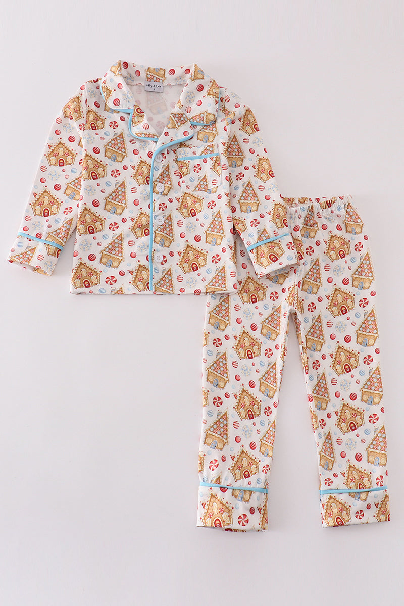 Christmas gingerbread house print boy pajamas set