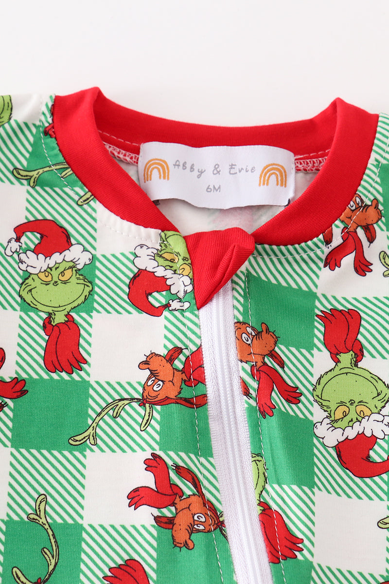 Green grinch print plaid zip boy romper