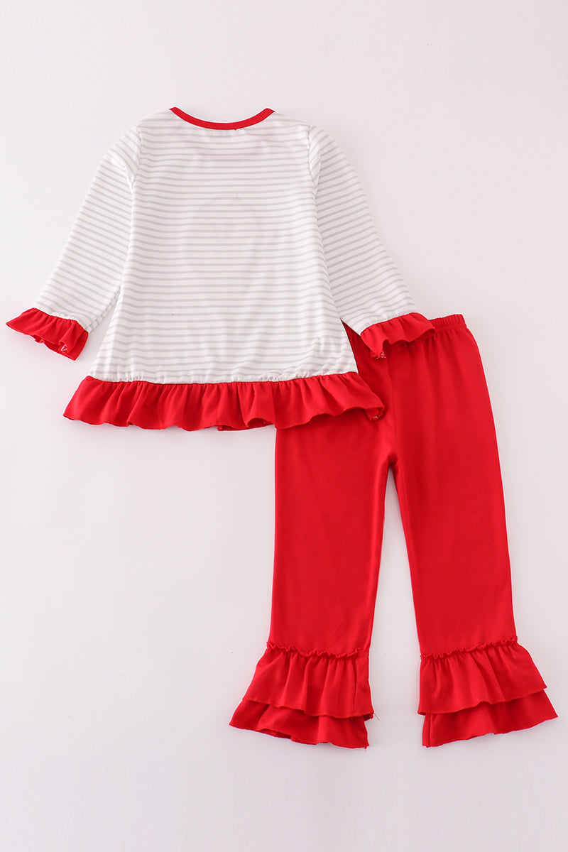 Red christmas santa claus applique stripe girl set