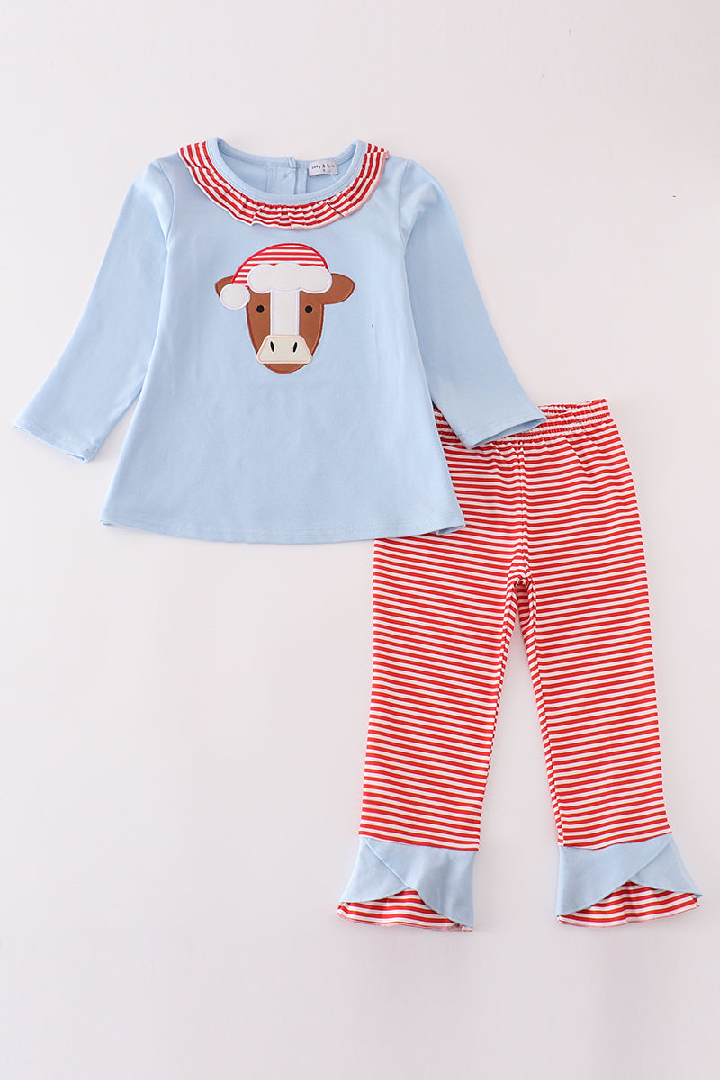 Blue christmas cow applique girl set