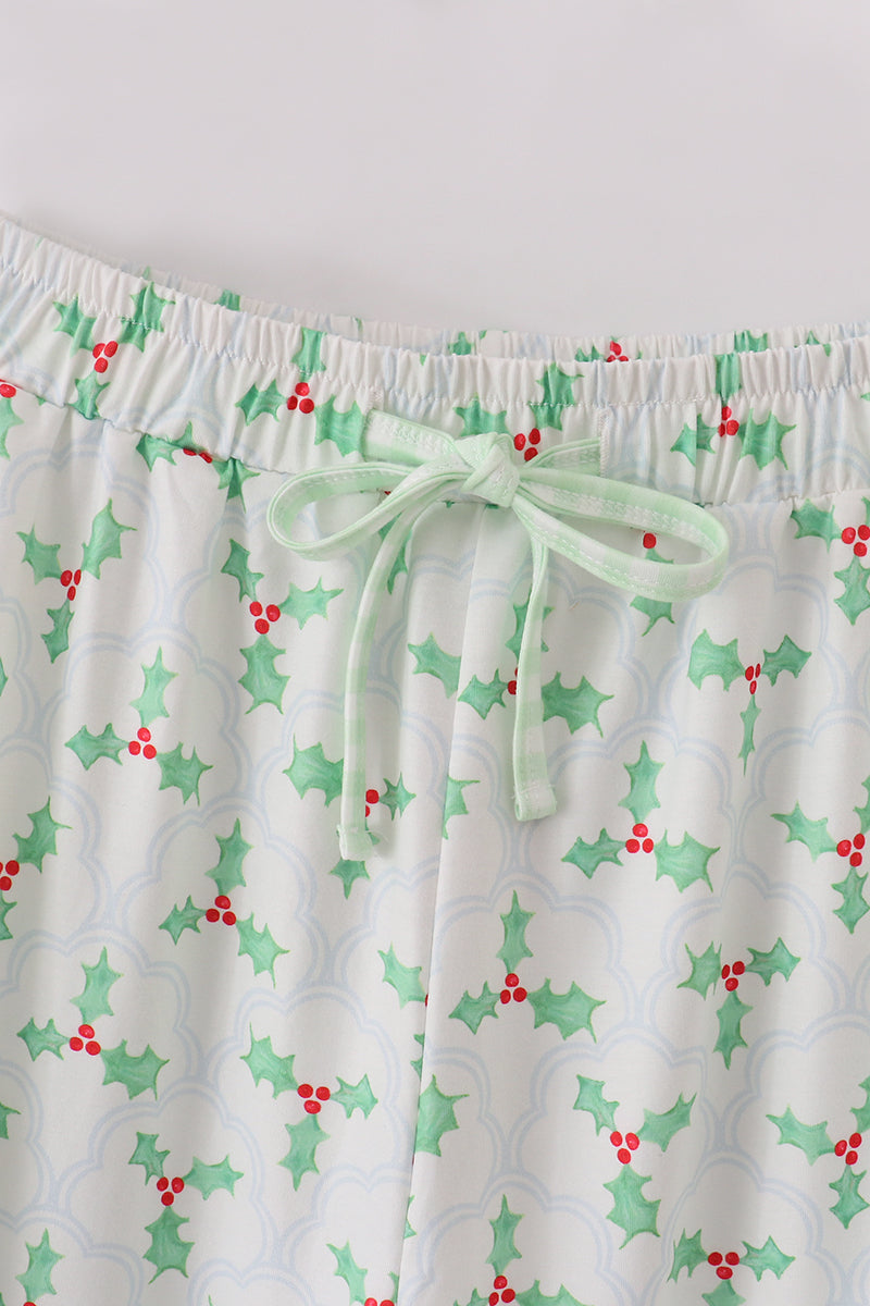 Green christmas holly print men pajamas pants