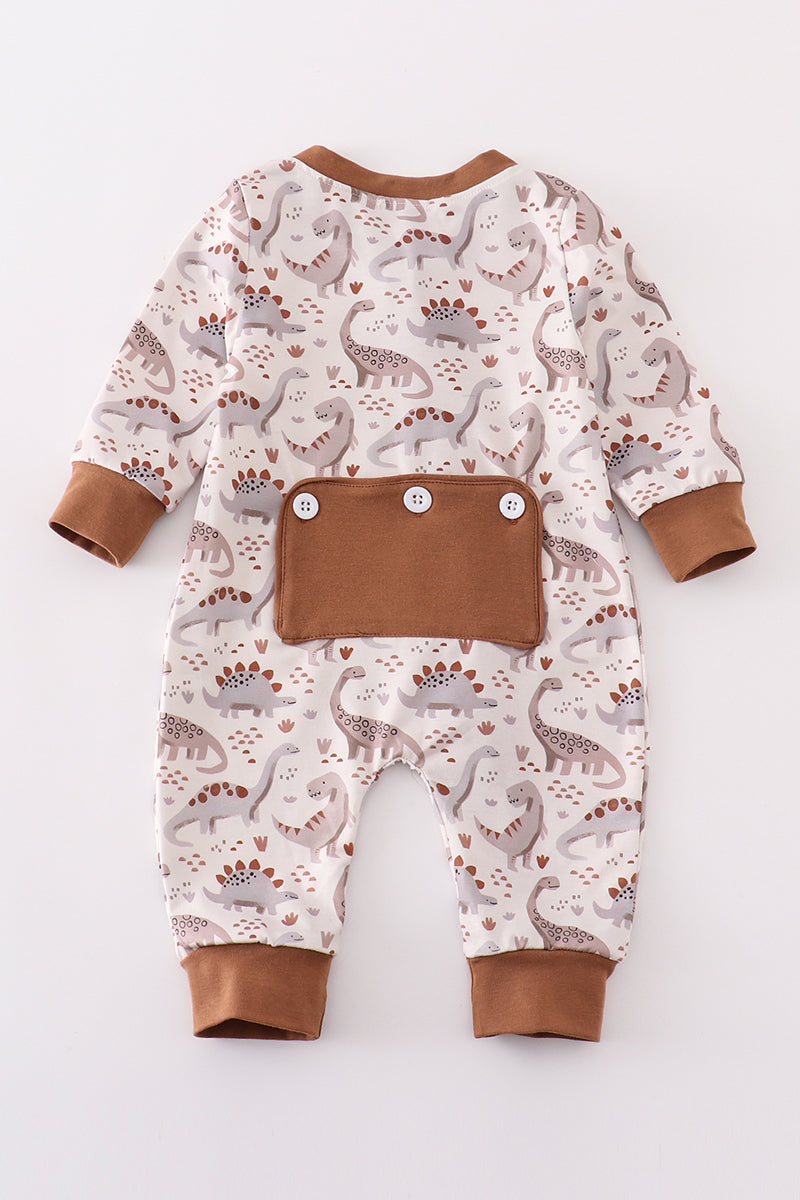 Brown dinosaur print boy romper