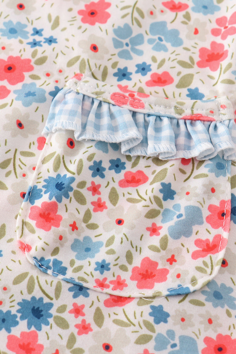 Pink&blue floral print girl set