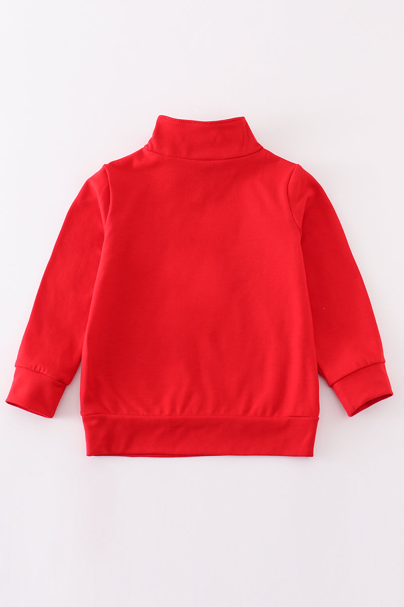 Red character embroidery boy zipper pullover