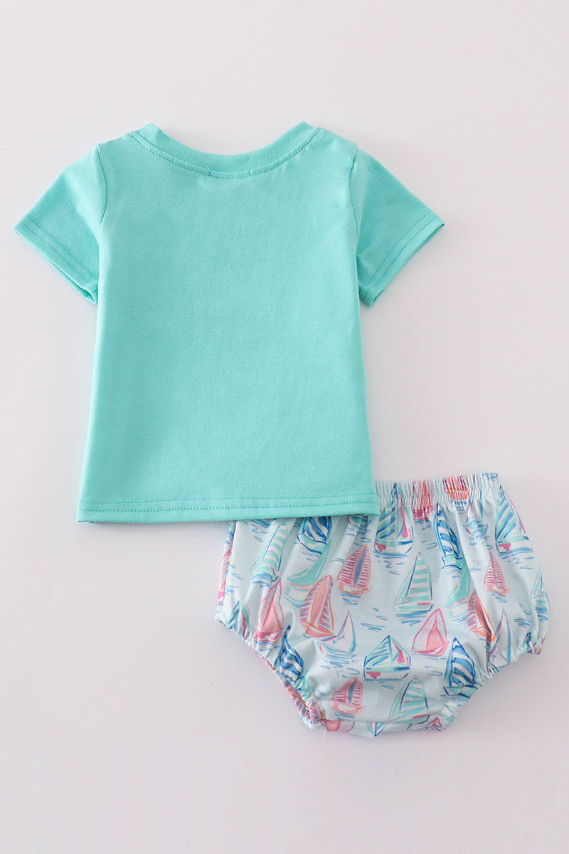 Green sailboat print boy bloomer set