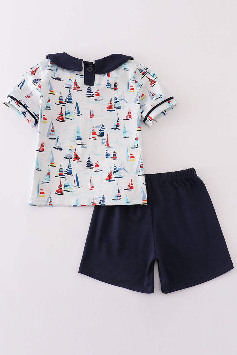 Navy sailboat print boy set