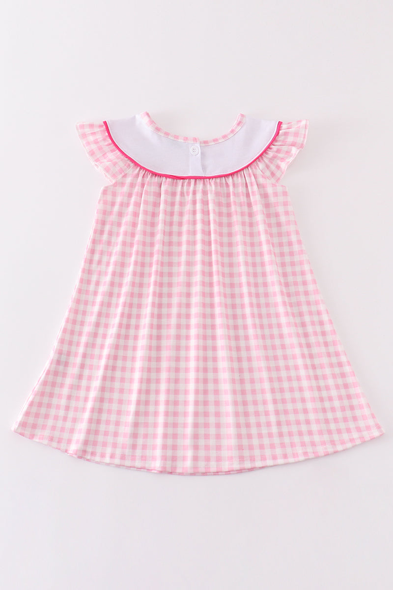 Pink barbie embroidery gingham girl dress