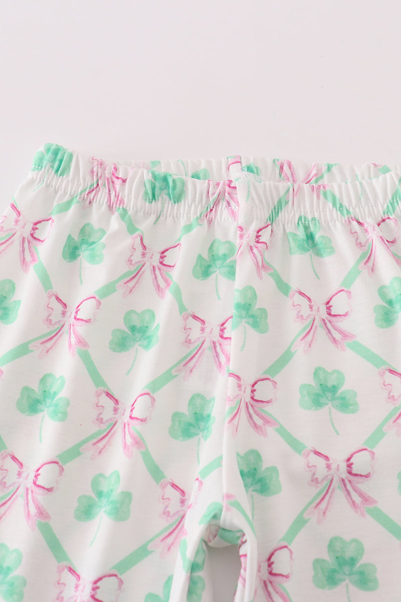 Pink green bow clover embroidery girl set