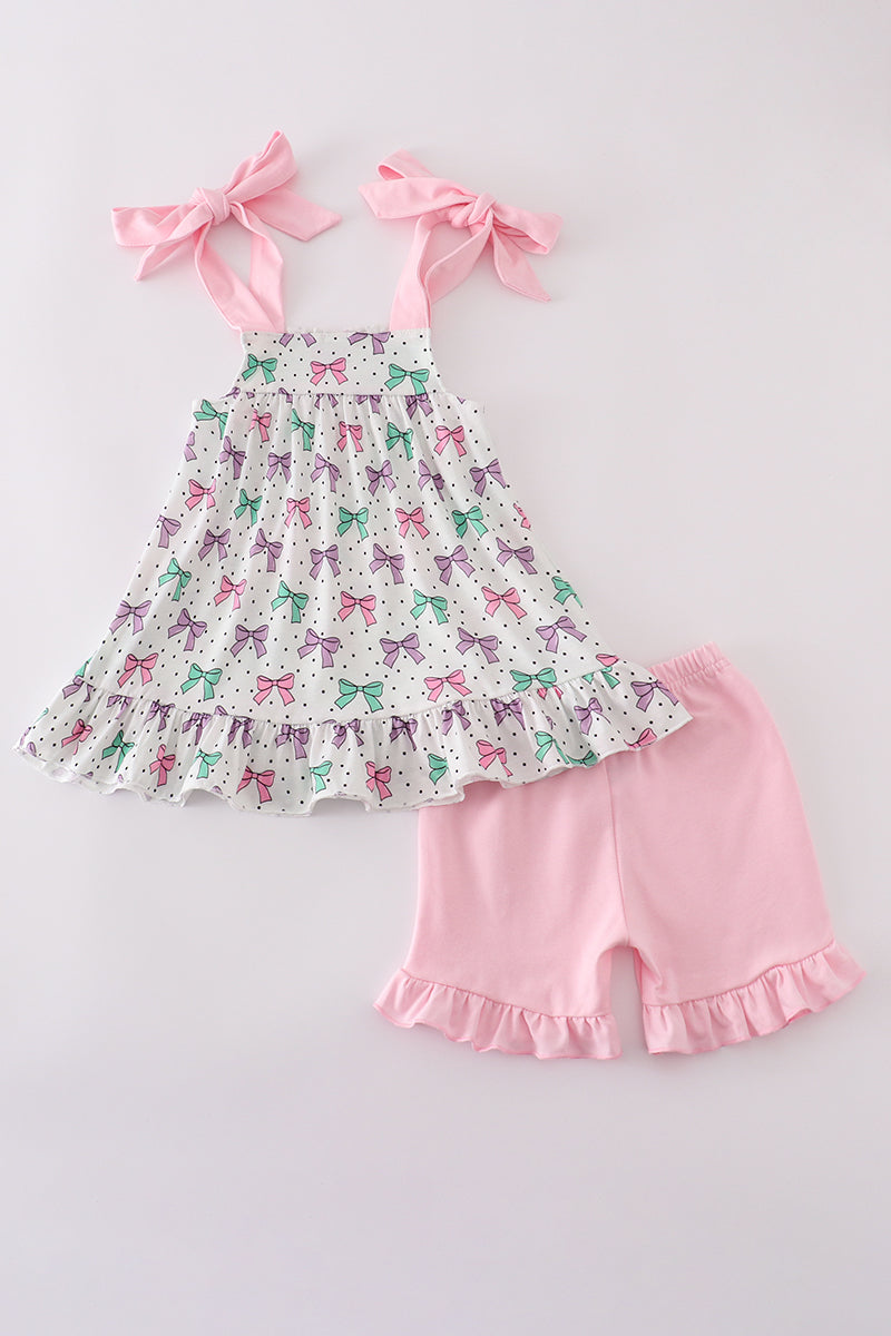 Pink bow embroidery ruffle shorts set
