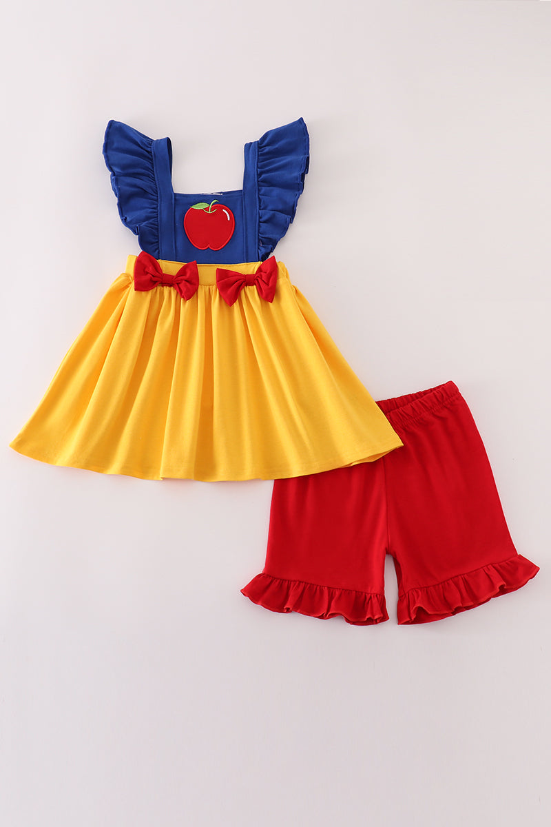 Apple embroidery bow ruffle shorts set