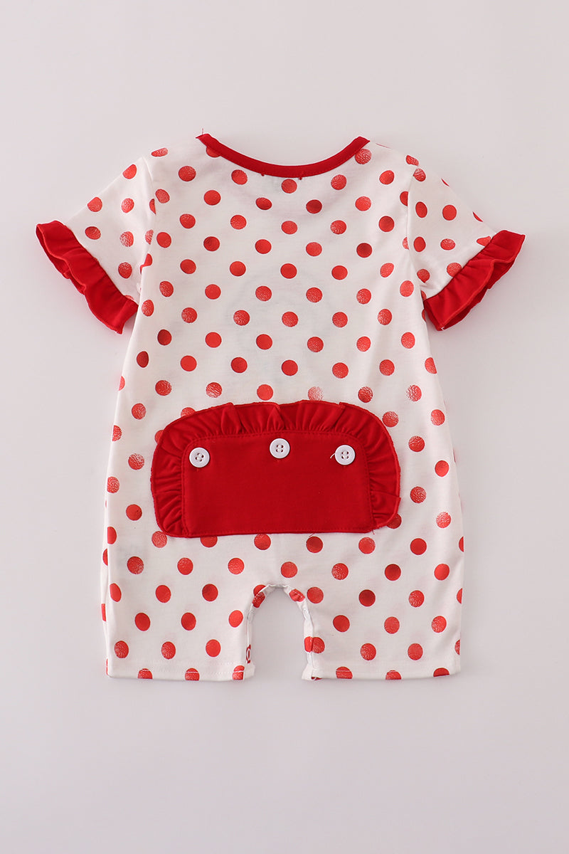Red character applique dot romper