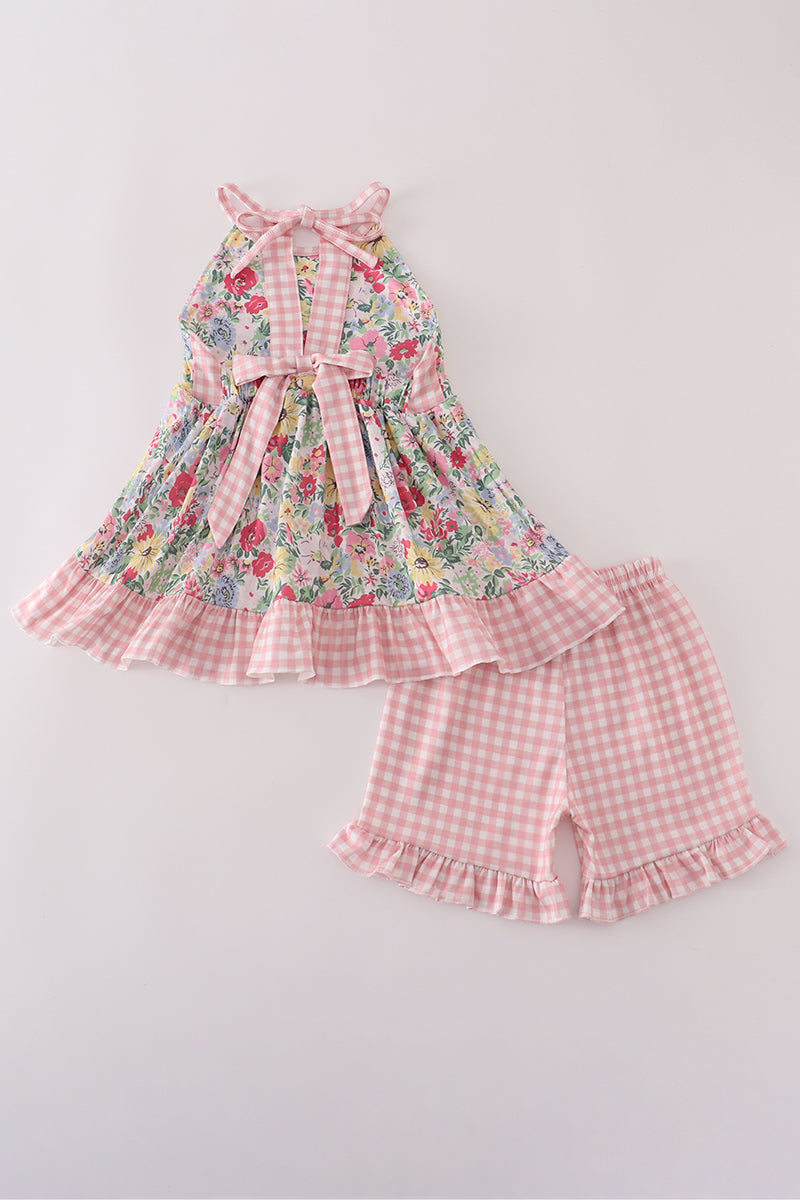Pink floral bow ruffle shorts set