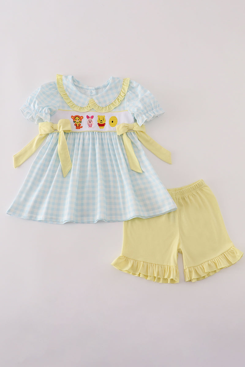 Blue character embroidery gingham ruffle shorts set