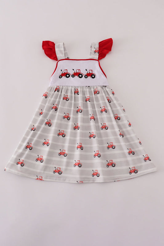 Red tractor embroidery ruffle dress