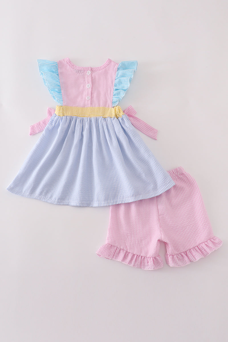Multi seersucker stripe ruffle shorts set