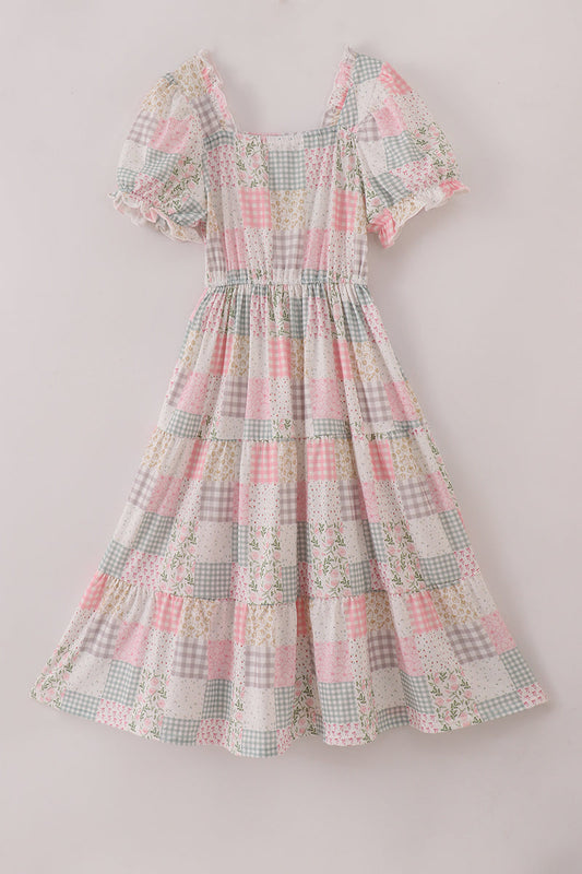 Pastel patchwork garden print tiered mom dress