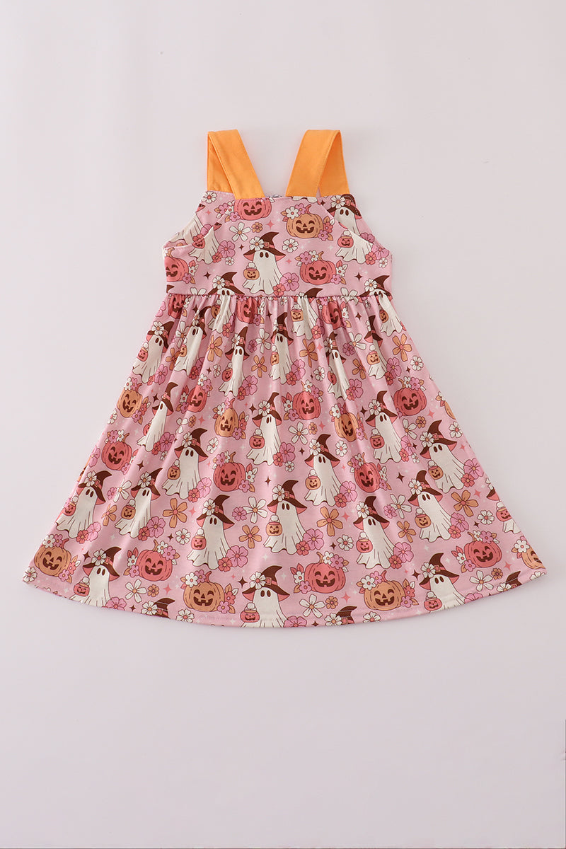 Pink pumpkin ghost print ruffle dress