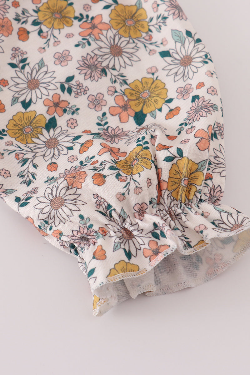 Floral embroidery smocked ruffle pants set