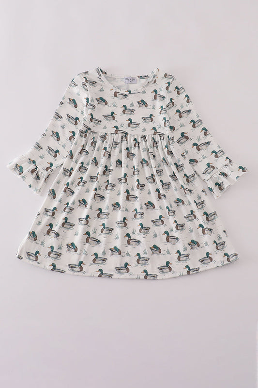 Green duck print rufle dress