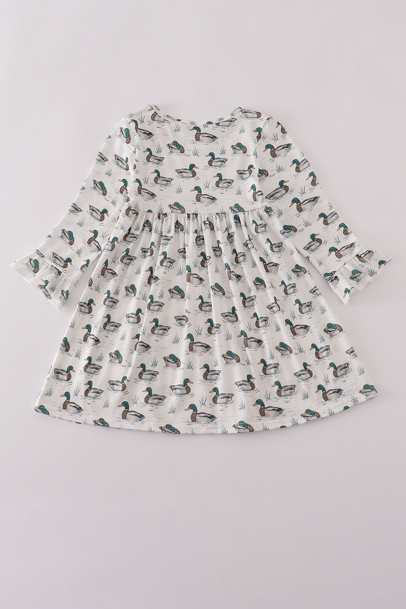 Green duck print rufle dress