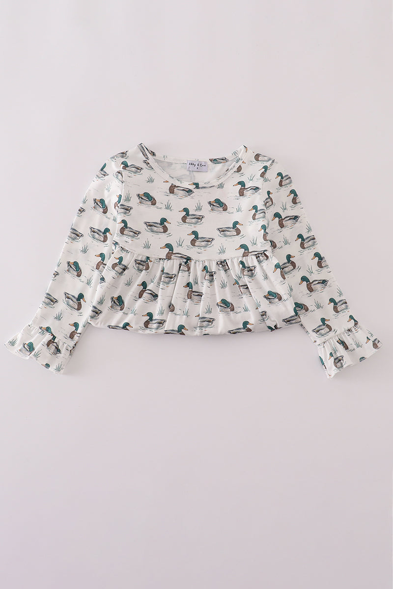 Green duck print rufle dress